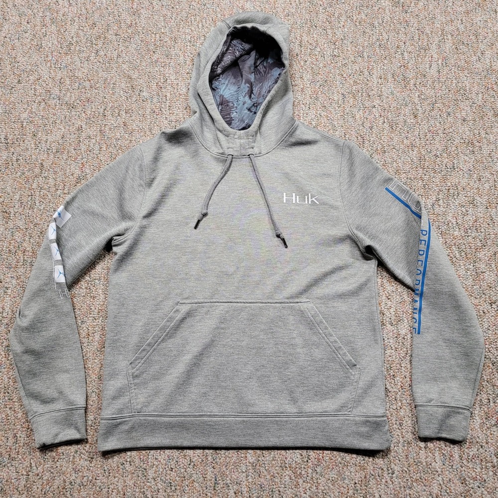 Huk Hoodie Mens Medium Gray Performance Fishing Marlin Graphic Sweatshirt